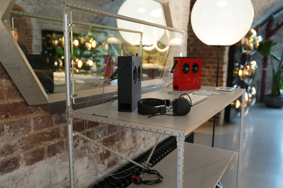 a display case with headphones