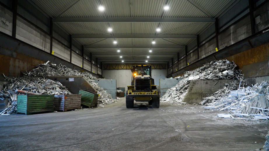 a construction vehicle in a warehouse