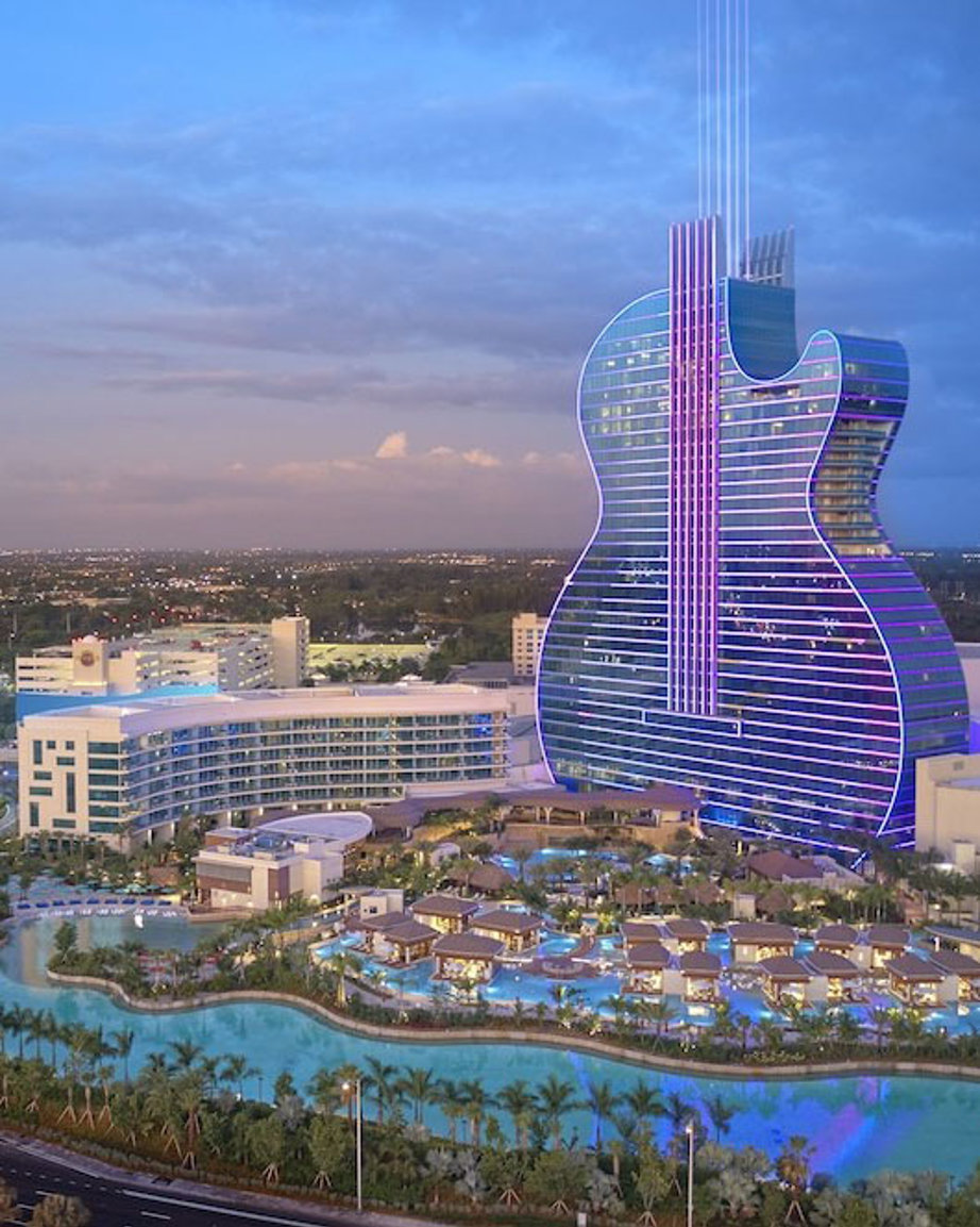 a large building with a guitar shaped structure