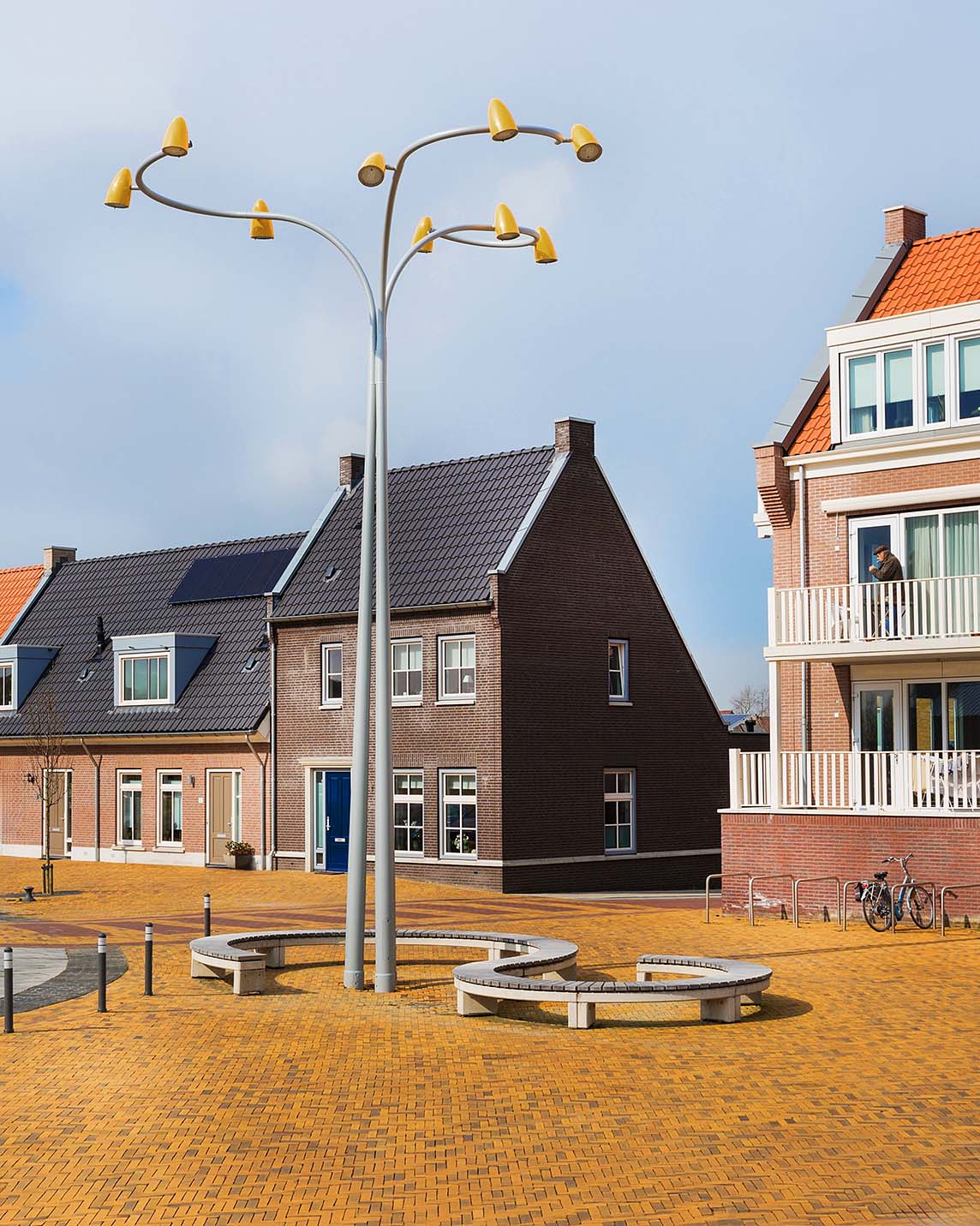 a street light in a courtyard